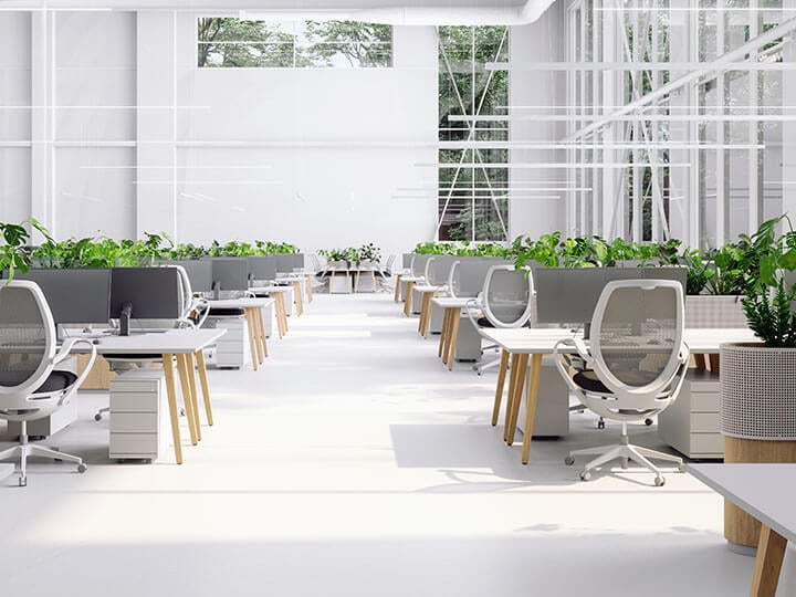 Eco-Friendly Office Interior With Tables, Office Chairs, Computers And Plants