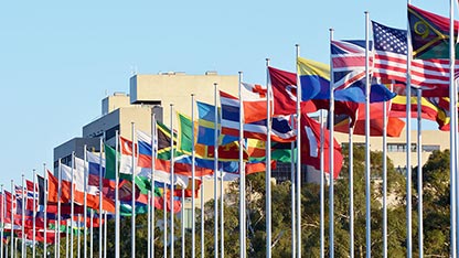 Display of a variety of international flags on flag poles